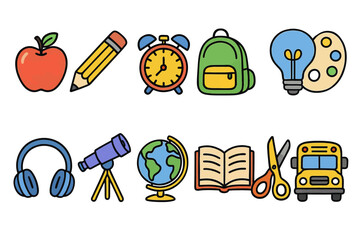 Colorful school icons: apple, pencil, alarm clock, backpack, lightbulb, palette