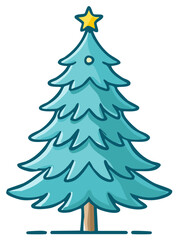 Cartoon Christmas tree with star, teal blue, decorative design for holiday season