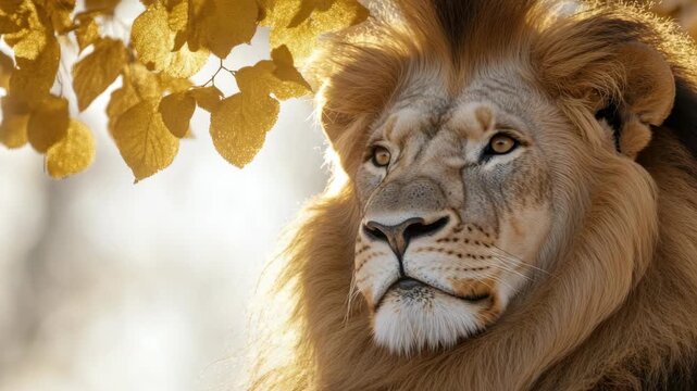 A majestic, large-eyed lion looking directly at the camera. The scene is set against a backdrop of golden fall foliage and tall trees.