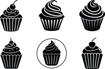 Set of Cupcake Silhouettes with Frosting and Cherry Vector Illustration