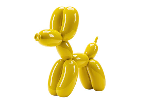 Shiny yellow balloon dog isolated, playful animal sculpture on transparent background, party decoration, modern art, whimsical design
