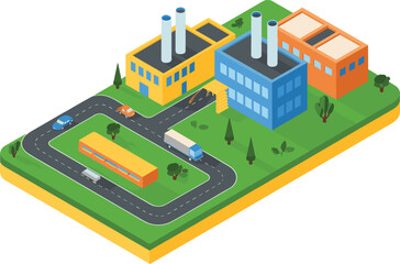Isometric 3D illustration of colorful industrial factory buildings with roads, vehicles, and chimneys in modern manufacturing complex design