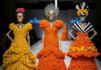 Three figures with skeleton faces wear elaborate floral dresses on a fashion runway, showcasing avantgarde design