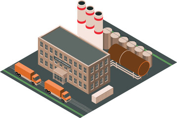 Isometric 3D illustration of industrial factory with fuel storage tanks, transport trucks, and chimneys in modern energy plant design