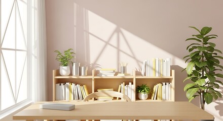 Fototapeta premium Serene Study Space: A sunlit desk in a home office setting. bathed in natural light. with a harmonious arrangement of books, plants, and a serene ambiance. 