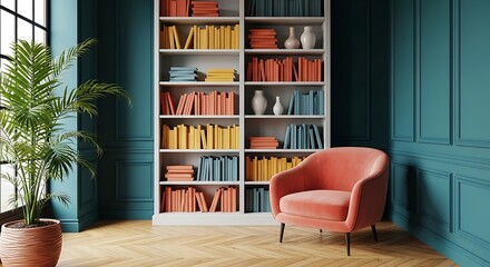 Cozy Reading Nook with Bookshelf and Chair: This inviting scene features a curated collection of books, arranged on a pristine white bookshelf, paired with a cozy armchair and verdant indoor plant.