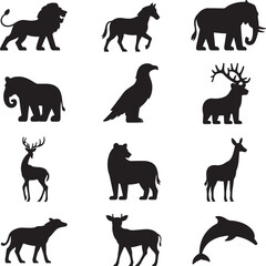 Obraz premium Collection of black animal silhouettes including lion elephant horse eagle deer dolphin lion silhouette