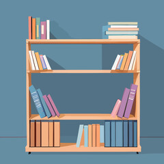 Illustration of a wooden bookshelf with books on a blue background.