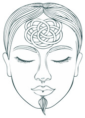 Meditating Face with Intricate Celtic Knot on Forehead Zen Calm Serenity
