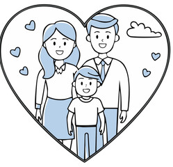 Cartoon Family Portrait Inside a Heart with Cloud and Smaller Hearts Illustration