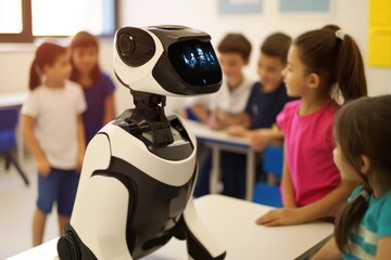 Robots assist children in learning about technology in a classroom setting