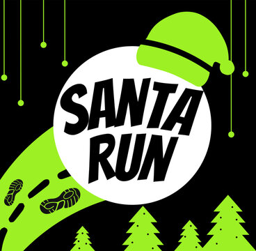 Santa Run Vector Illustration, Christmas Running Event Clipart with Footprints and Santa Hat