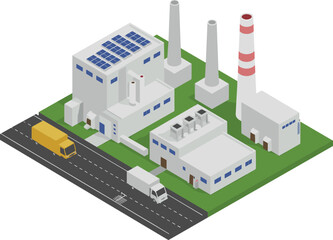 Modern eco-friendly power plant with solar panels, renewable energy facility, and factory chimneys in 3D isometric illustration design concept