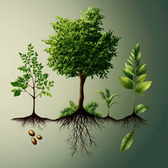 A tree with its roots and a nut on the ground. The tree is surrounded by various plants, including a leafy green plant and a small plant with a leafy stem. The drawing conveys a sense of growth