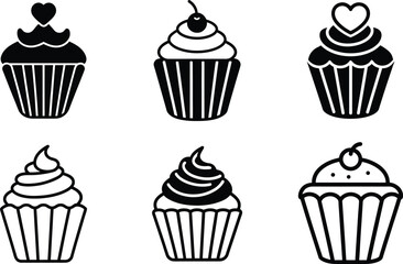 Cupcake Silhouettes with Frosting, Cherry, and Heart Decoration Vector Set