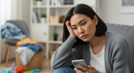 Fototapeta premium Young woman feeling stressed and overwhelmed at home while holding smartphone and sitting in a cluttered living room