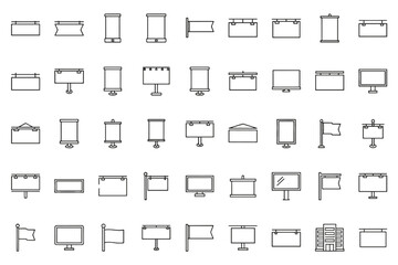 Billboard and advertising signs icon set. Thin line vector collection of blank outdoor banners, road signboards, street posters, and display mockups for marketing and promotion.