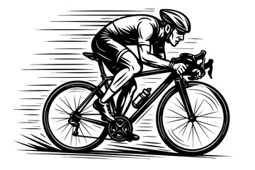 Naklejka premium Monochrome drawing of a cyclist riding a road bike at high speed