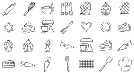 Baking and pastry line icon set. Kitchen utensils for cooking desserts. Vector outline collection of doodle elements like mixer, whisk, cake, cupcake, and rolling pin.