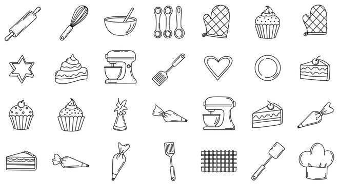 Baking and pastry line icon set. Kitchen utensils for cooking desserts. Vector outline collection of doodle elements like mixer, whisk, cake, cupcake, and rolling pin.