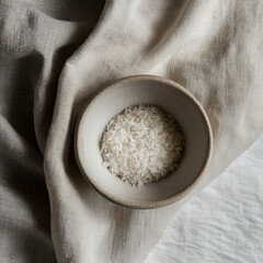 A bowl of white rice is sitting on a white cloth. The rice is spread out and not piled up