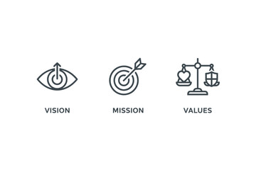 Vision mission values concept icons, target bullseye arrow, eye with arrow symbol, balanced scales with heart and shield, strategic business goals, leadership principles