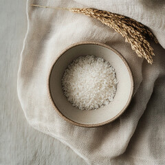 A white bowl filled with white rice is placed on a white cloth