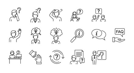 Question and answer outline icon set. FAQ, help, support, and information symbols. Thinking person, lightbulb idea, customer service agent, and helpdesk icons collection.