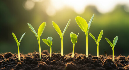 Young green seedlings sprouting in fertile soil under warm sunlight, symbolizing growth, renewal, agriculture, and environmental sustainability