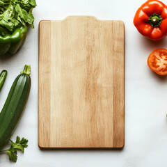 A wooden cutting board with a pile of vegetables on it. The vegetables include a cucumber, a tomato, and a pepper