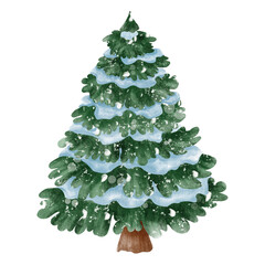 Watercolor illustration of a snow-covered Christmas tree with soft green branches and white snow. Perfect for holiday cards, wrapping paper, and winter decor projects.