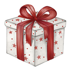 Watercolor illustration of a gift box with a red bow, painted in a cozy hand-drawn style. Perfect for Christmas cards, holiday packaging, and festive decor designs