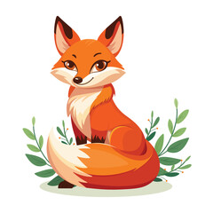 Cute and elegant forest fox with bright orange fur and beautiful eyes, sits calmly with green plants on white background. Vector illustration for wildlife, forest animals, or eco-friendly designs.