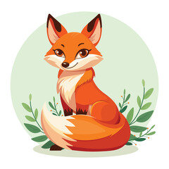 Cute and elegant forest fox with bright orange fur and beautiful eyes, sits calmly with green plants on white background. Vector illustration for wildlife, forest animals, or eco-friendly designs.