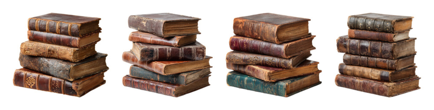 Vintage leather bound book stack, antique collection, knowledge and history, warm lighting, natural composition, scholarly mood, perfect for educational design PNG set with transparent background