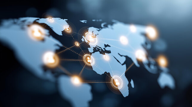 Professional engaging planetary map with icons, global trade network interactions, economic diplomacy in user links, international relations through digital comms, cross-border bus