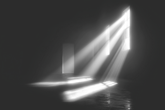 Stark interior with light streaming through shapes, casting shadows in monochrome
