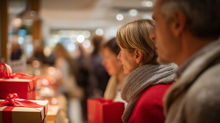 Black Friday shoppers comparing deals on sale items in busy store faceless framing room gently defocused faceless background defocused Black Friday bargain hunting sale shop