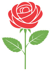 Stylized Red Rose Graphic with Green Leaves and Stem