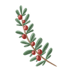 Watercolor illustration of a green branch with red berries in a soft hand-painted style. Perfect for winter compositions, greeting cards, invitations, or holiday packaging design.