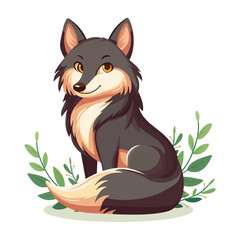Cute and elegant forest wolf with gray fur and beautiful eyes sits calmly among green plants on a white background. Vector illustration for wildlife, forest animals, or eco-friendly designs.