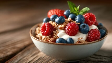 A nourishing bowl of granola topped with fresh raspberries and blueberries, served with creamy yogurt, representing a wholesome breakfast choice packed with flavor and nutrition.