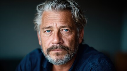 Fototapeta premium A thoughtful portrait of an older man with striking blue eyes and gray hair, embodying wisdom and experience, evoking a sense of depth, resilience, and life stories.