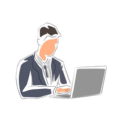 Man in office working on laptop, business man in suit. Isolated flat design vector illustration. Line art clip art