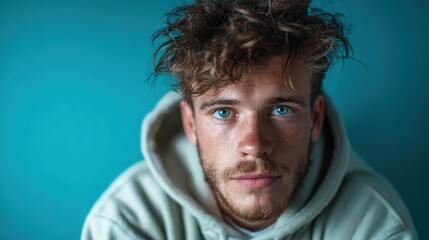 This close-up portrait features a young man with striking blue eyes and tousled hair, conveying a sense of depth and emotion against a soothing blue backdrop.