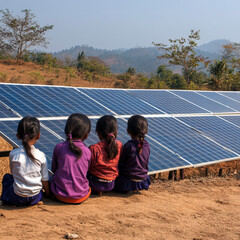 Four girls are sitting on the ground in front of a solar panel. The girls are wearing purple and red clothing