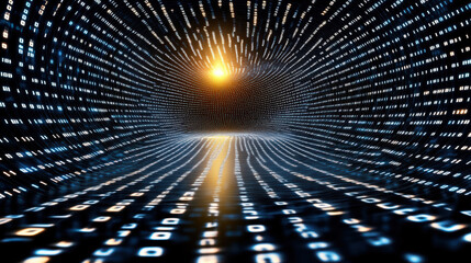 Glowing binary code flows through tunnel, creating mesmerizing digital landscape