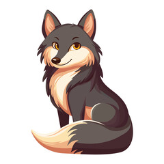 Cute and elegant forest wolf with gray fur and beautiful eyes sits calmly among green plants on a white background. Vector illustration for wildlife, forest animals, or eco-friendly designs.