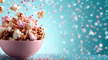A dynamic scene of colorful popcorn bursting out of a pink bowl, capturing the joy of celebrations, parties, or movie nights in vibrant colors and playful motion.