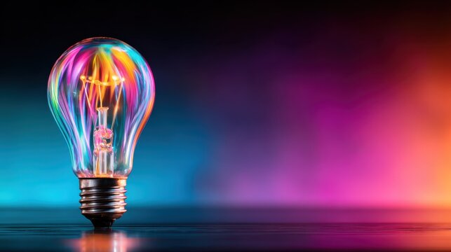This striking light bulb features a mesmerizing array of colorful glowing filaments, set against a smooth gradient background that enhances its artistic presence and charm.